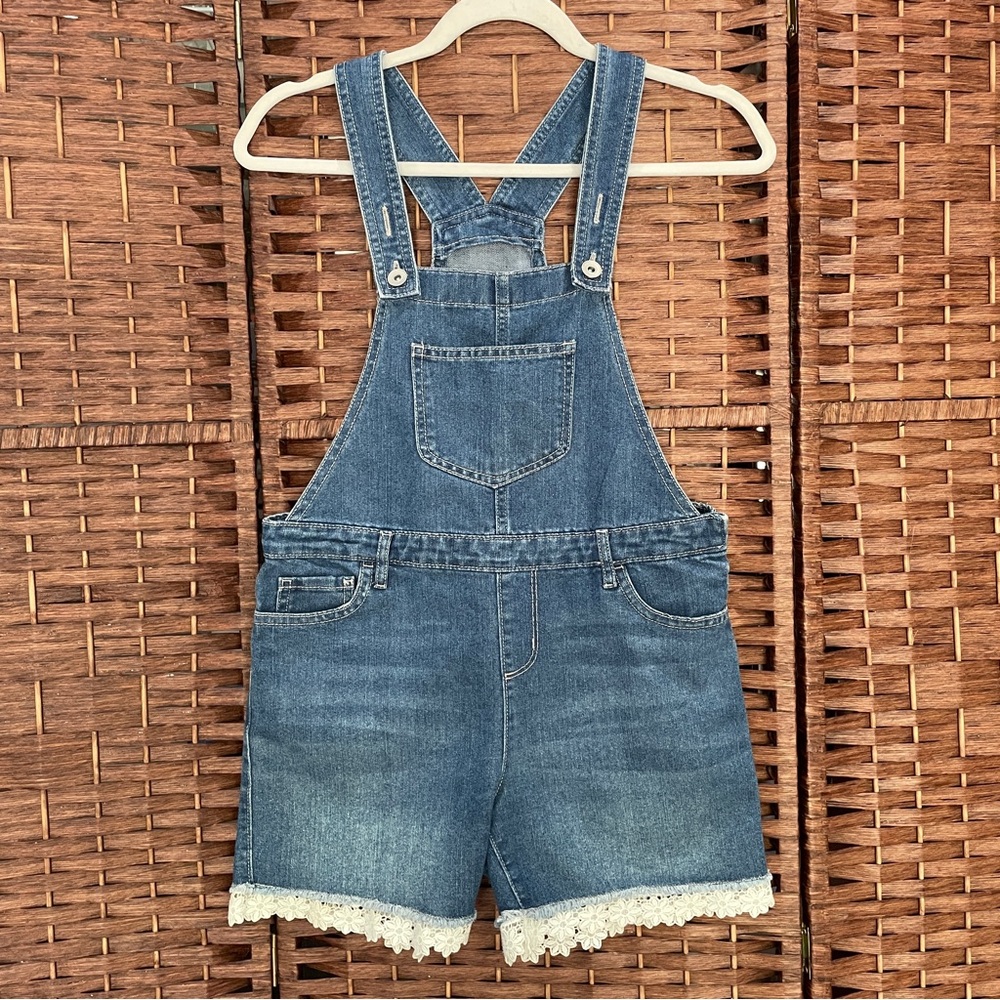 The Children's Place Denim Short Overalls with Lace Trim, Size 12.